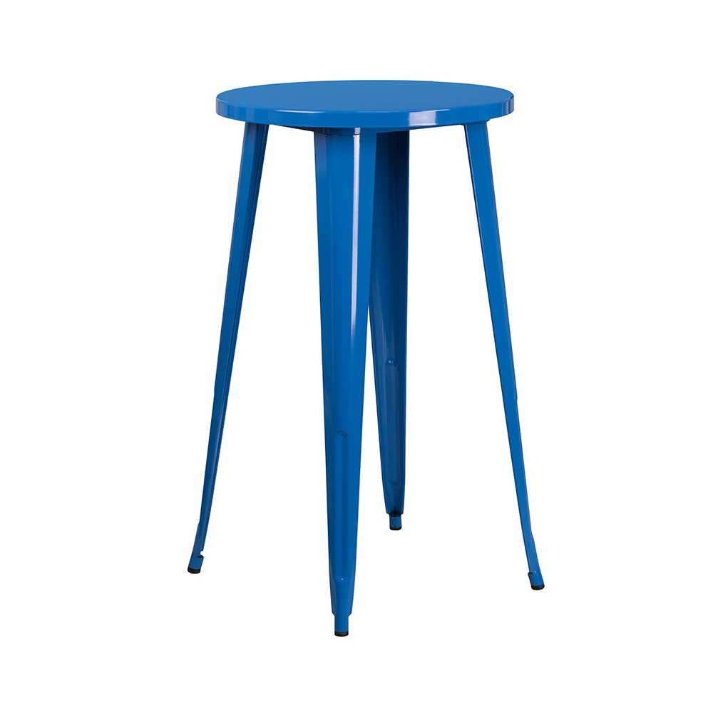 Commercial Grade 24" Round Blue Metal Indoor-Outdoor Bar Table Set with 2 Vertical Slat Back Stools