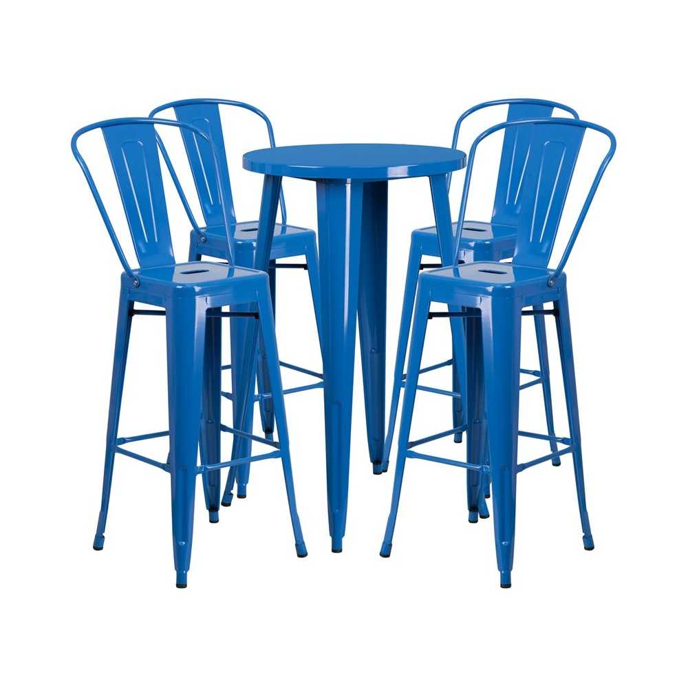 Commercial Grade 24" Round Blue Metal Indoor-Outdoor Bar Table Set with 4 Cafe Stools