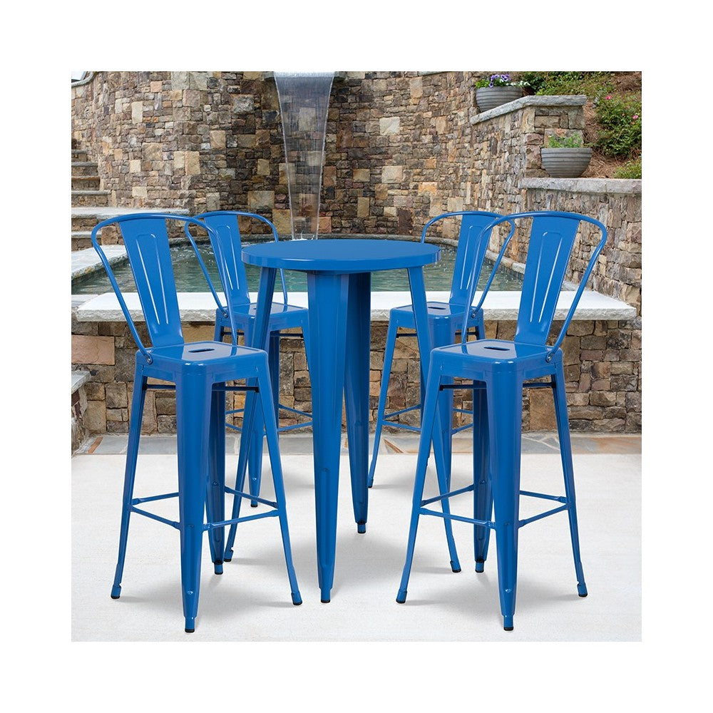Commercial Grade 24" Round Blue Metal Indoor-Outdoor Bar Table Set with 4 Cafe Stools