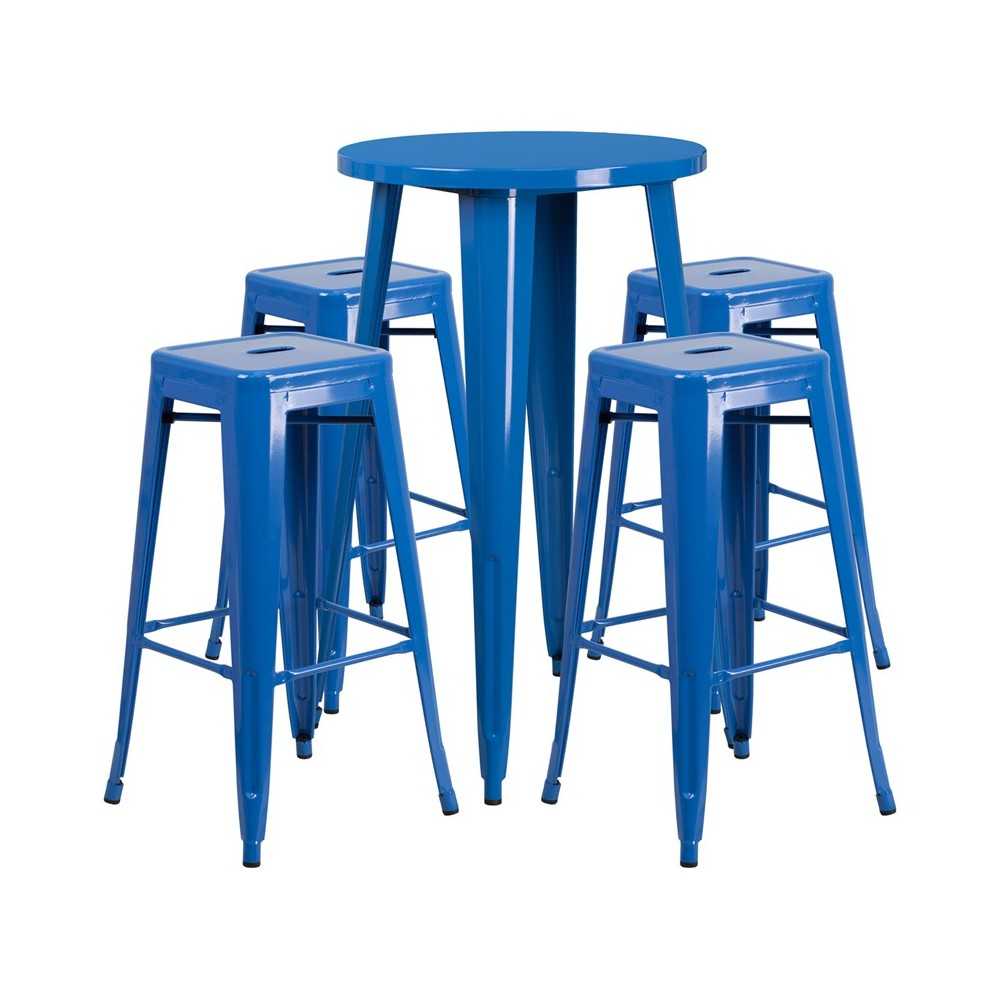 Commercial Grade 24" Round Blue Metal Indoor-Outdoor Bar Table Set with 4 Square Seat Backless Stools