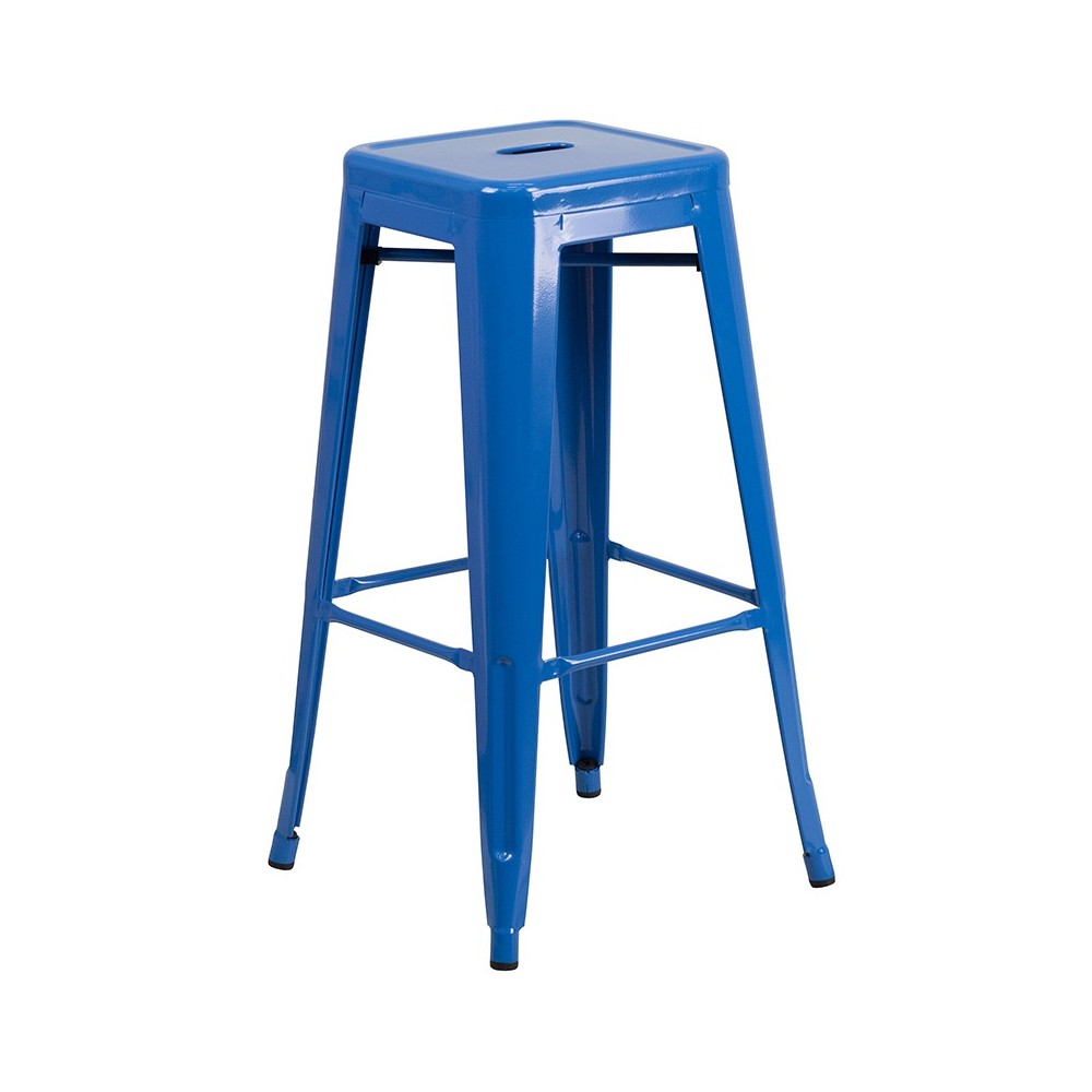 Commercial Grade 24" Round Blue Metal Indoor-Outdoor Bar Table Set with 4 Square Seat Backless Stools