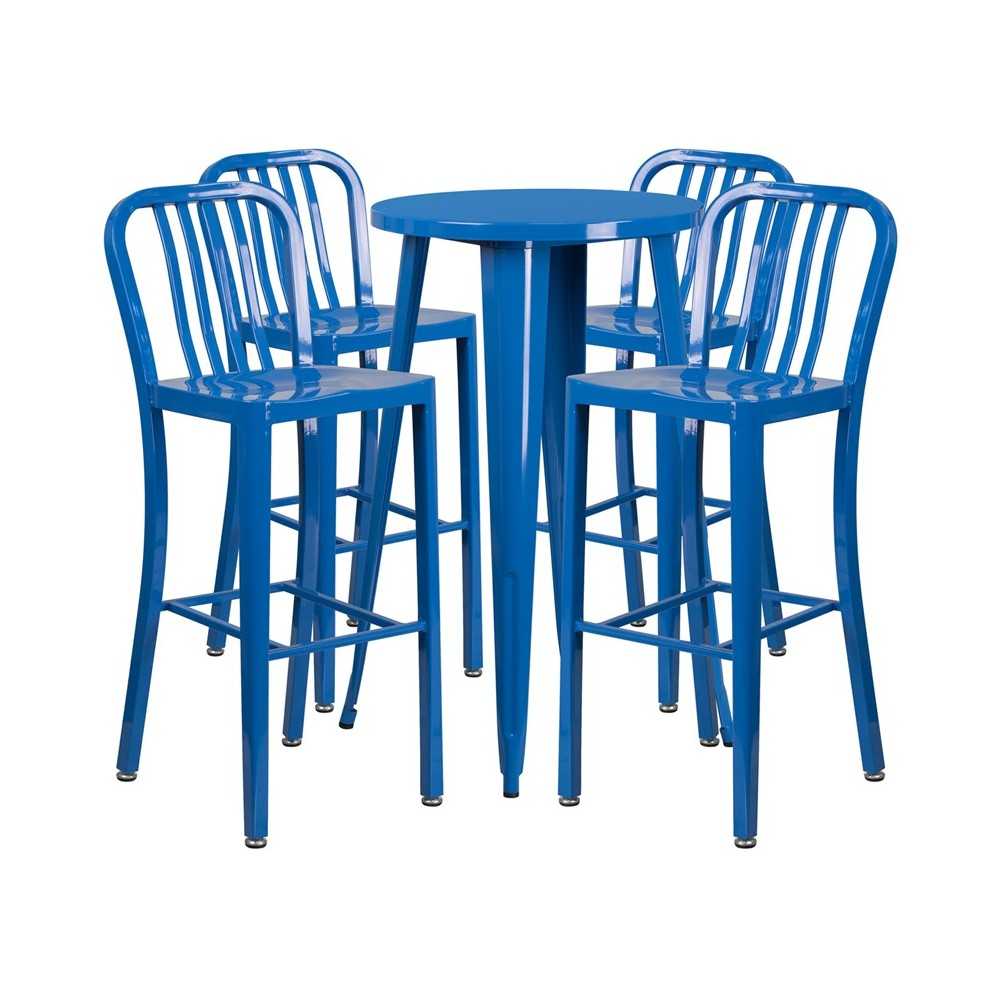 Commercial Grade 24" Round Blue Metal Indoor-Outdoor Bar Table Set with 4 Vertical Slat Back Stools