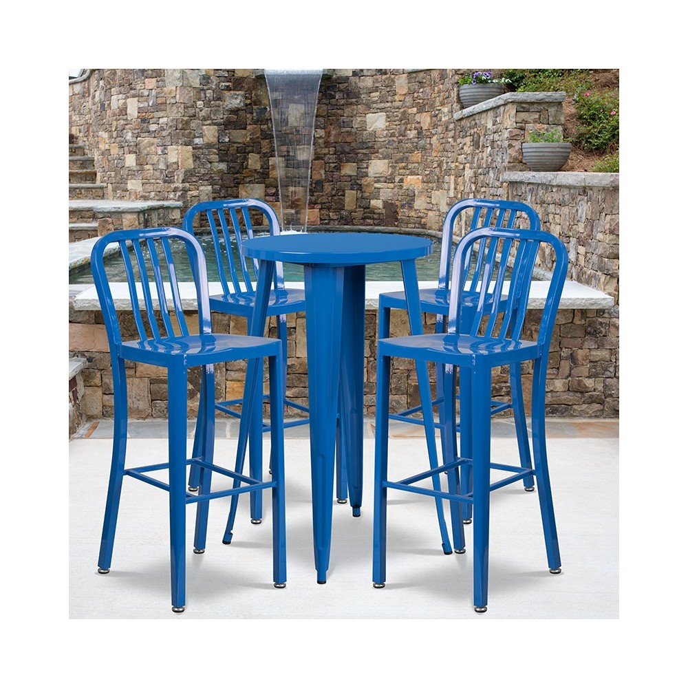 Commercial Grade 24" Round Blue Metal Indoor-Outdoor Bar Table Set with 4 Vertical Slat Back Stools