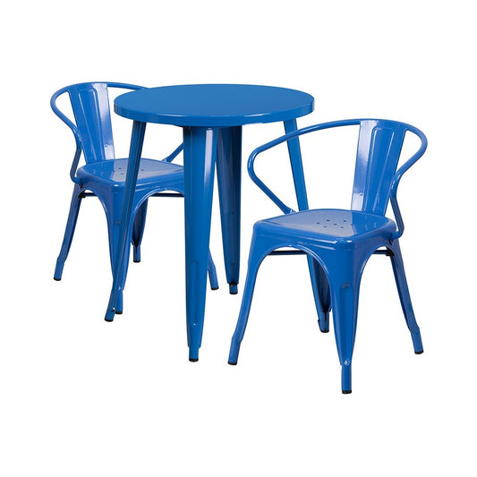 Commercial Grade 24" Round Blue Metal Indoor-Outdoor Table Set with 2 Arm Chairs