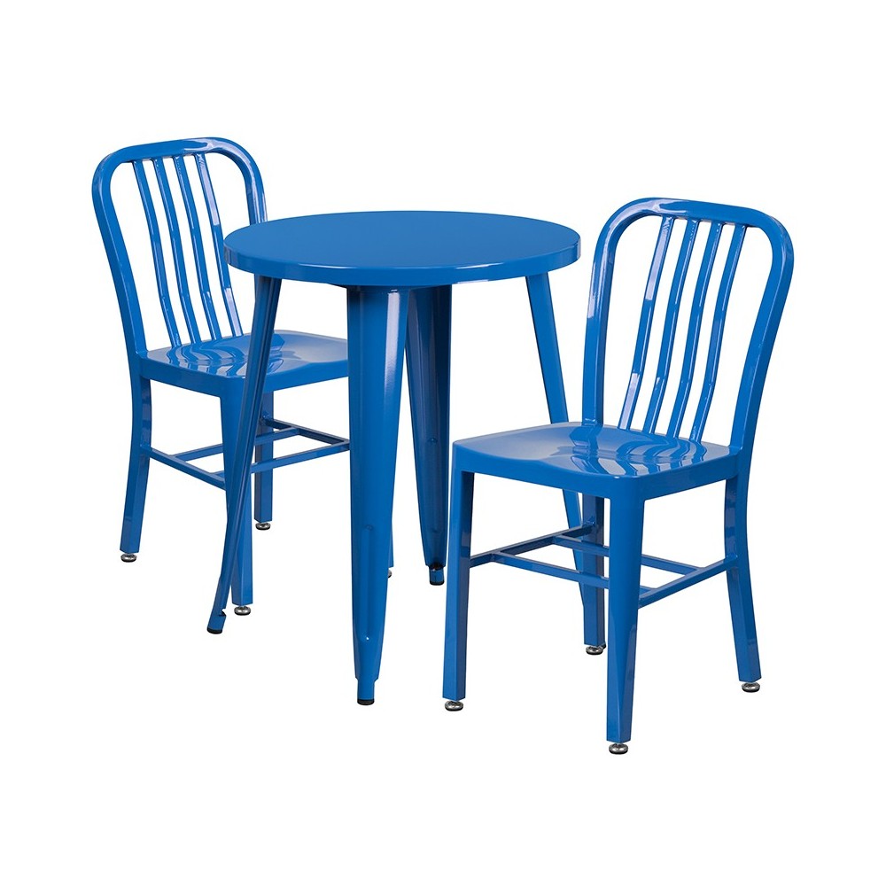 Commercial Grade 24" Round Blue Metal Indoor-Outdoor Table Set with 2 Vertical Slat Back Chairs