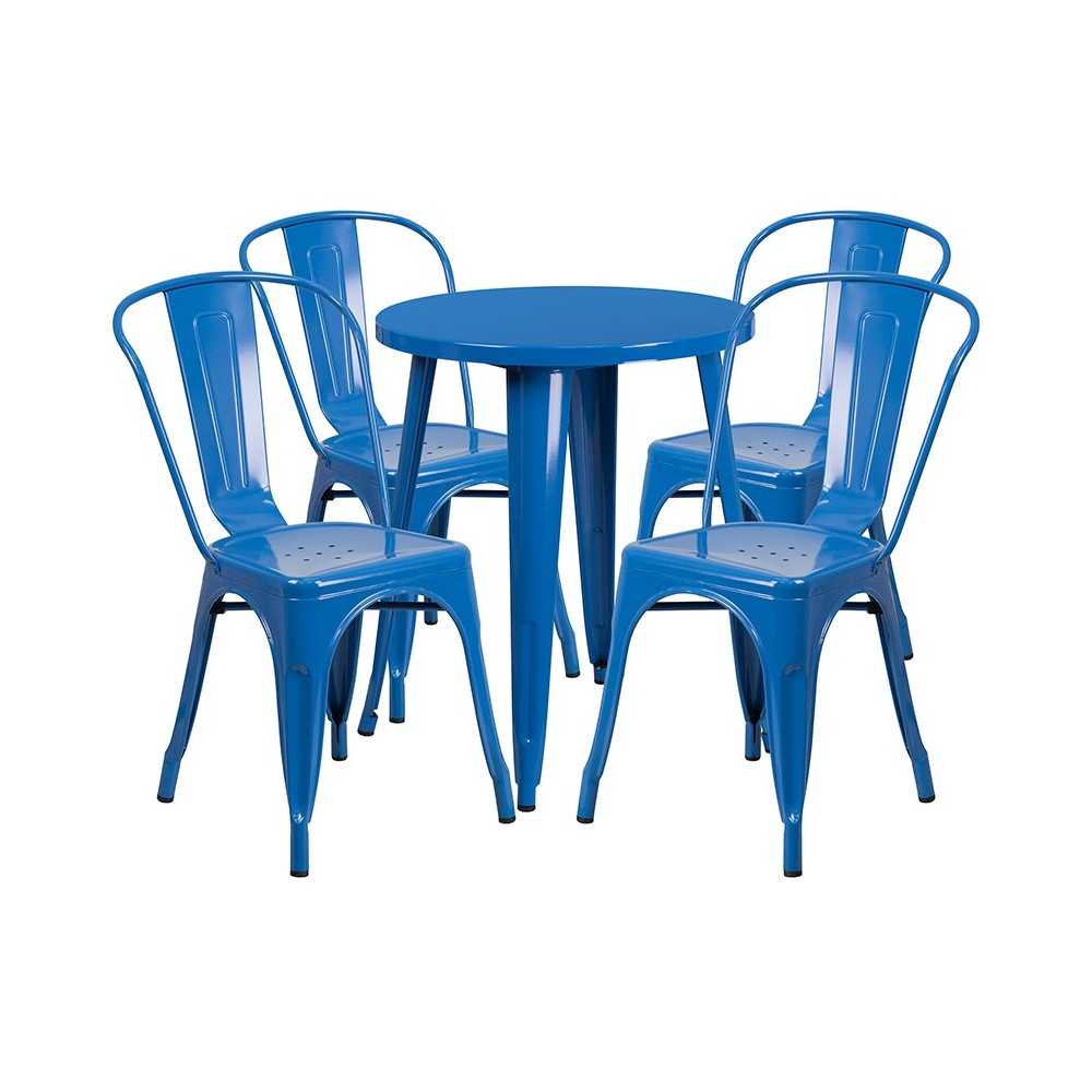 Commercial Grade 24" Round Blue Metal Indoor-Outdoor Table Set with 4 Cafe Chairs