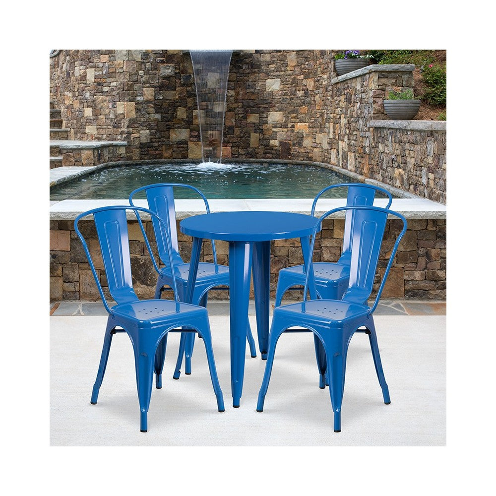 Commercial Grade 24" Round Blue Metal Indoor-Outdoor Table Set with 4 Cafe Chairs