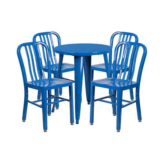 Commercial Grade 24" Round Blue Metal Indoor-Outdoor Table Set with 4 Vertical Slat Back Chairs