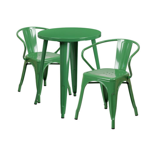 Commercial Grade 24" Round Green Metal Indoor-Outdoor Table Set with 2 Arm Chairs