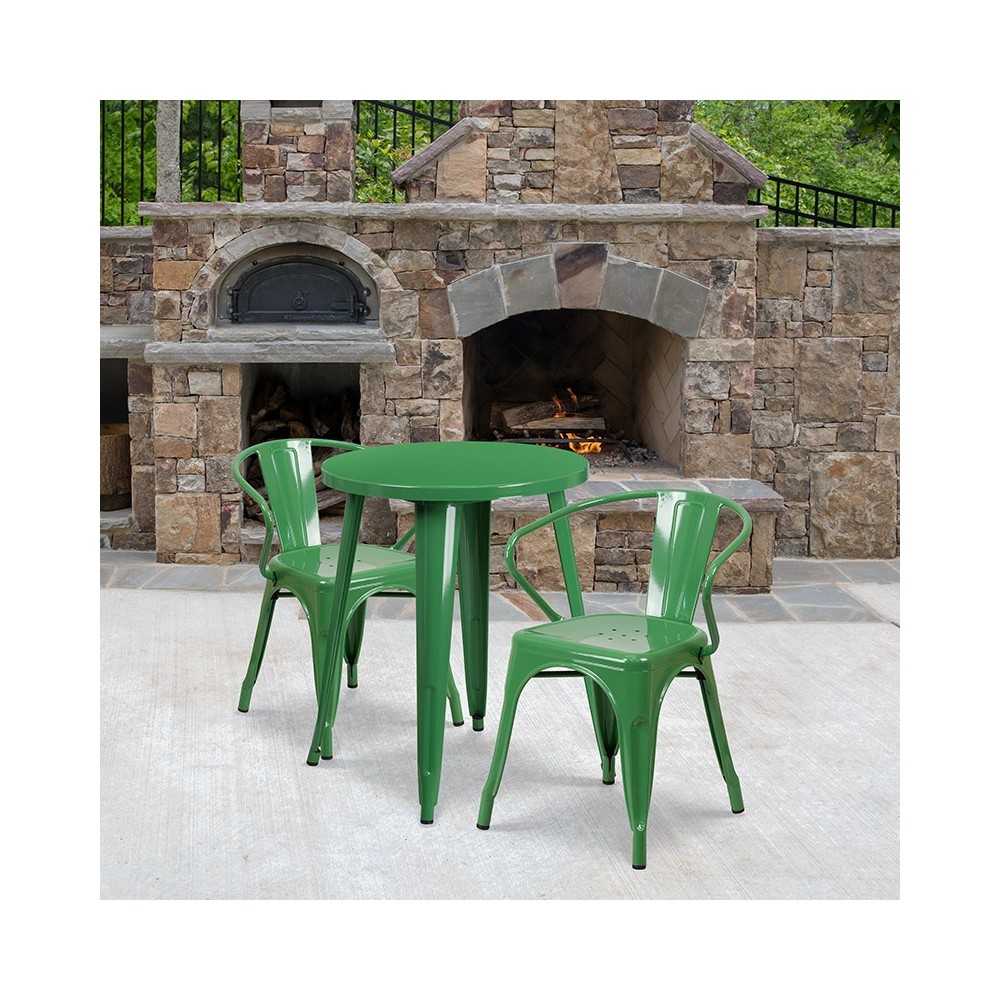 Commercial Grade 24" Round Green Metal Indoor-Outdoor Table Set with 2 Arm Chairs