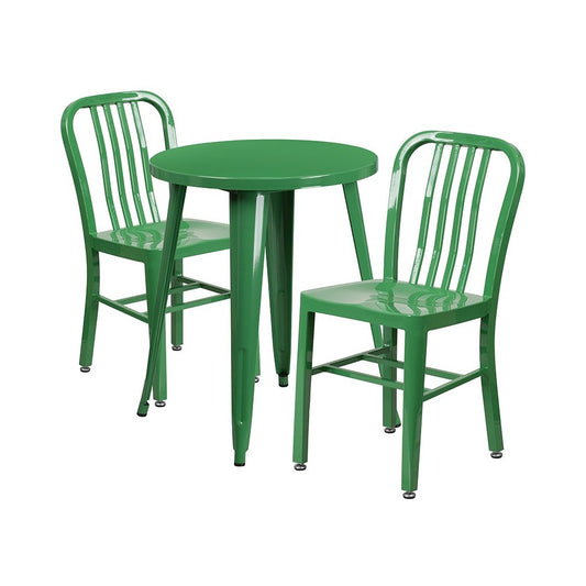 Commercial Grade 24" Round Green Metal Indoor-Outdoor Table Set with 2 Vertical Slat Back Chairs