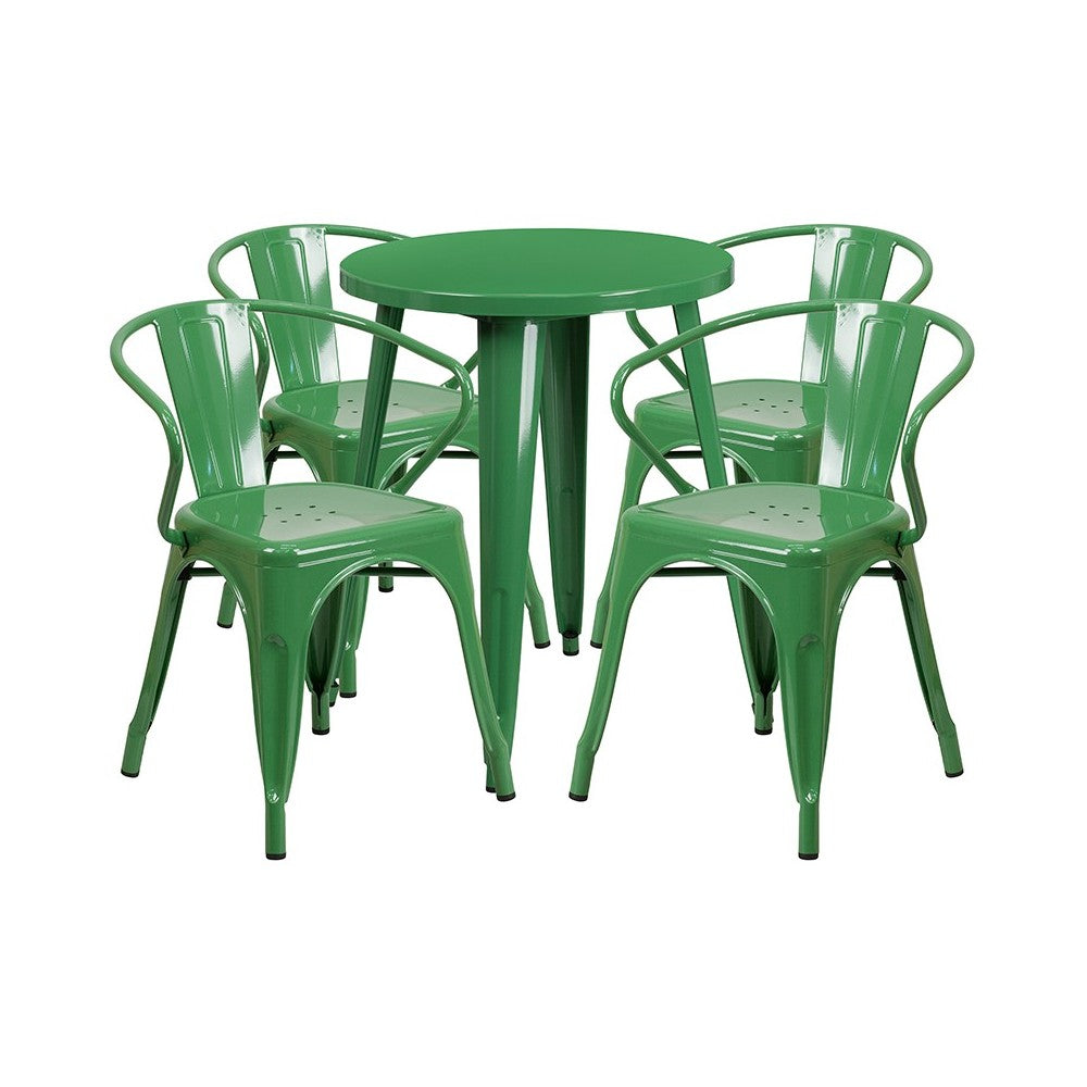 Commercial Grade 24" Round Green Metal Indoor-Outdoor Table Set with 4 Arm Chairs