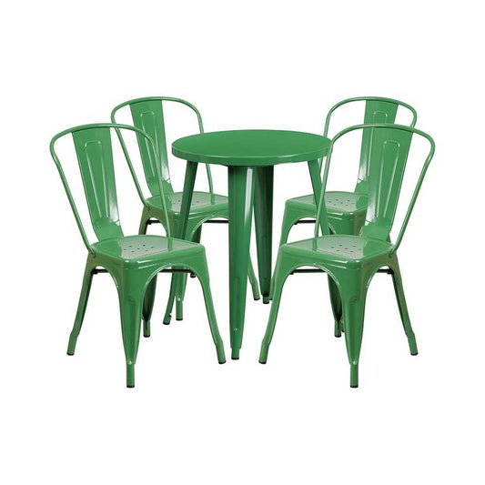 Commercial Grade 24" Round Green Metal Indoor-Outdoor Table Set with 4 Cafe Chairs