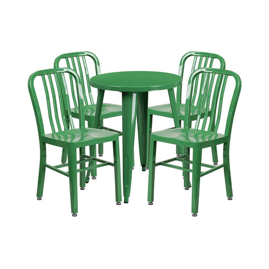 Commercial Grade 24" Round Green Metal Indoor-Outdoor Table Set with 4 Vertical Slat Back Chairs