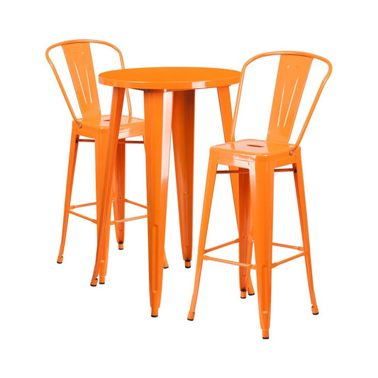 Commercial Grade 24" Round Orange Metal Indoor-Outdoor Bar Table Set with 2 Cafe Stools