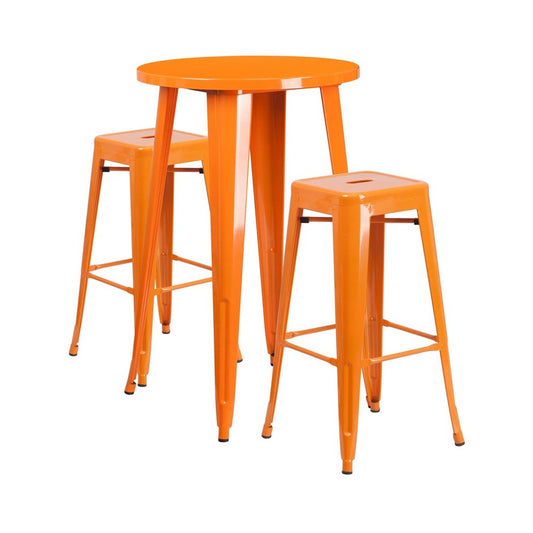 Commercial Grade 24" Round Orange Metal Indoor-Outdoor Bar Table Set with 2 Square Seat Backless Stools