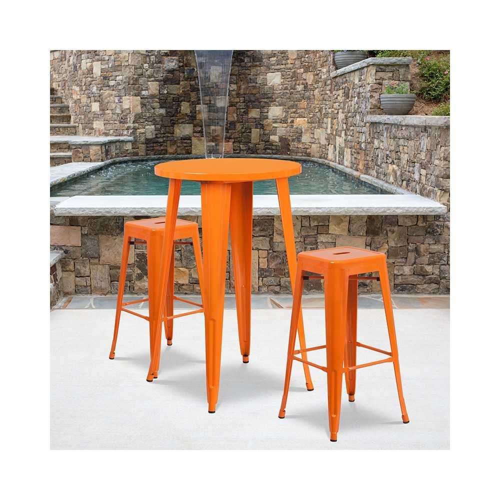 Commercial Grade 24" Round Orange Metal Indoor-Outdoor Bar Table Set with 2 Square Seat Backless Stools