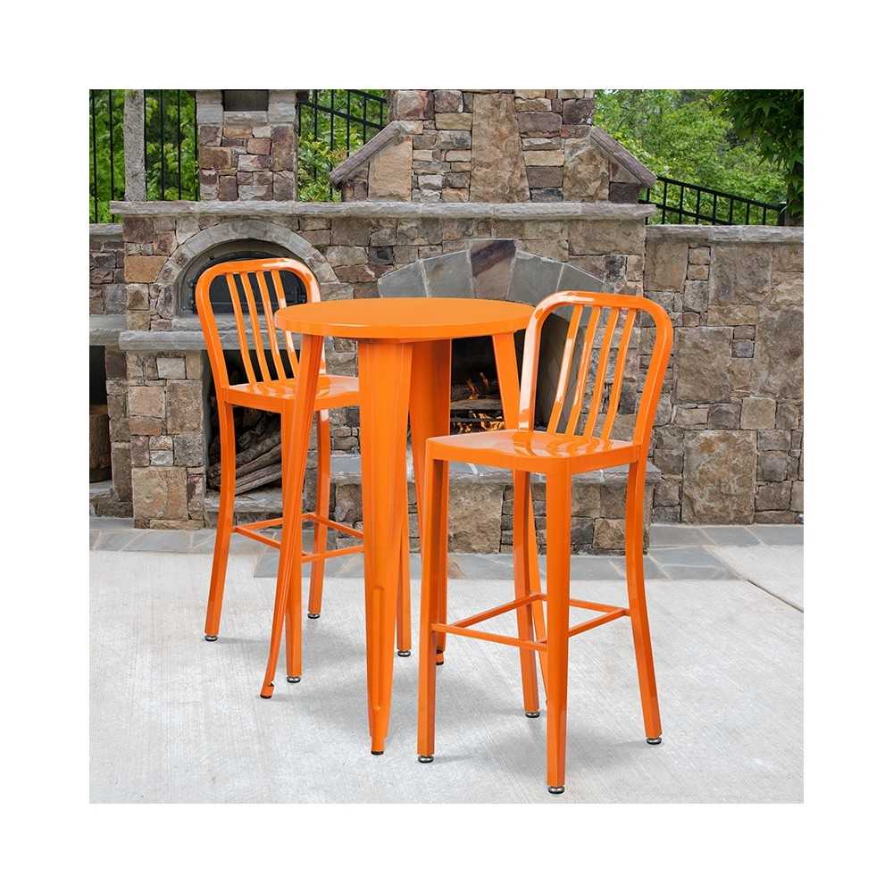 Commercial Grade 24" Round Orange Metal Indoor-Outdoor Bar Table Set with 2 Vertical Slat Back Stools