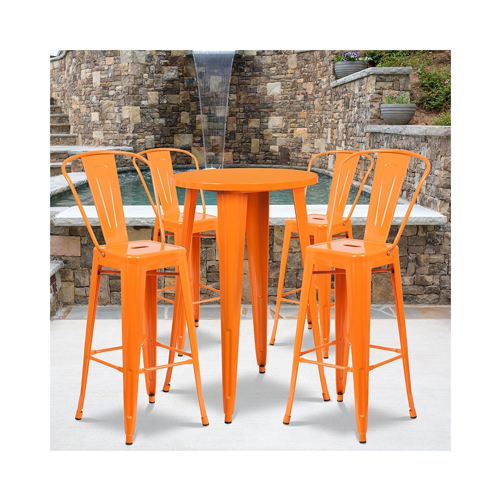 Commercial Grade 24" Round Orange Metal Indoor-Outdoor Bar Table Set with 4 Cafe Stools