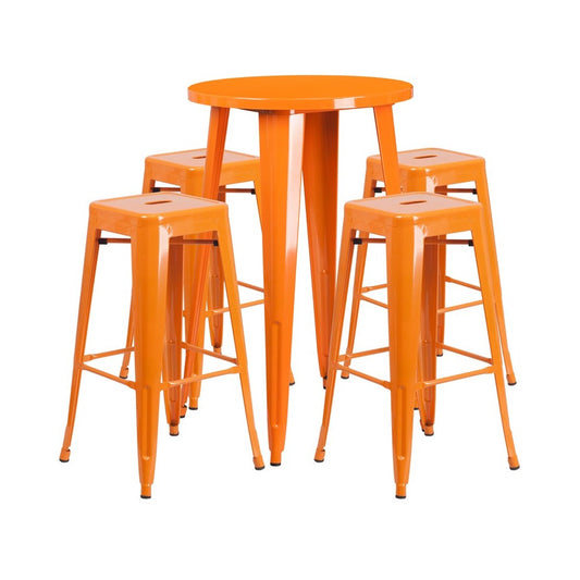 Commercial Grade 24" Round Orange Metal Indoor-Outdoor Bar Table Set with 4 Square Seat Backless Stools