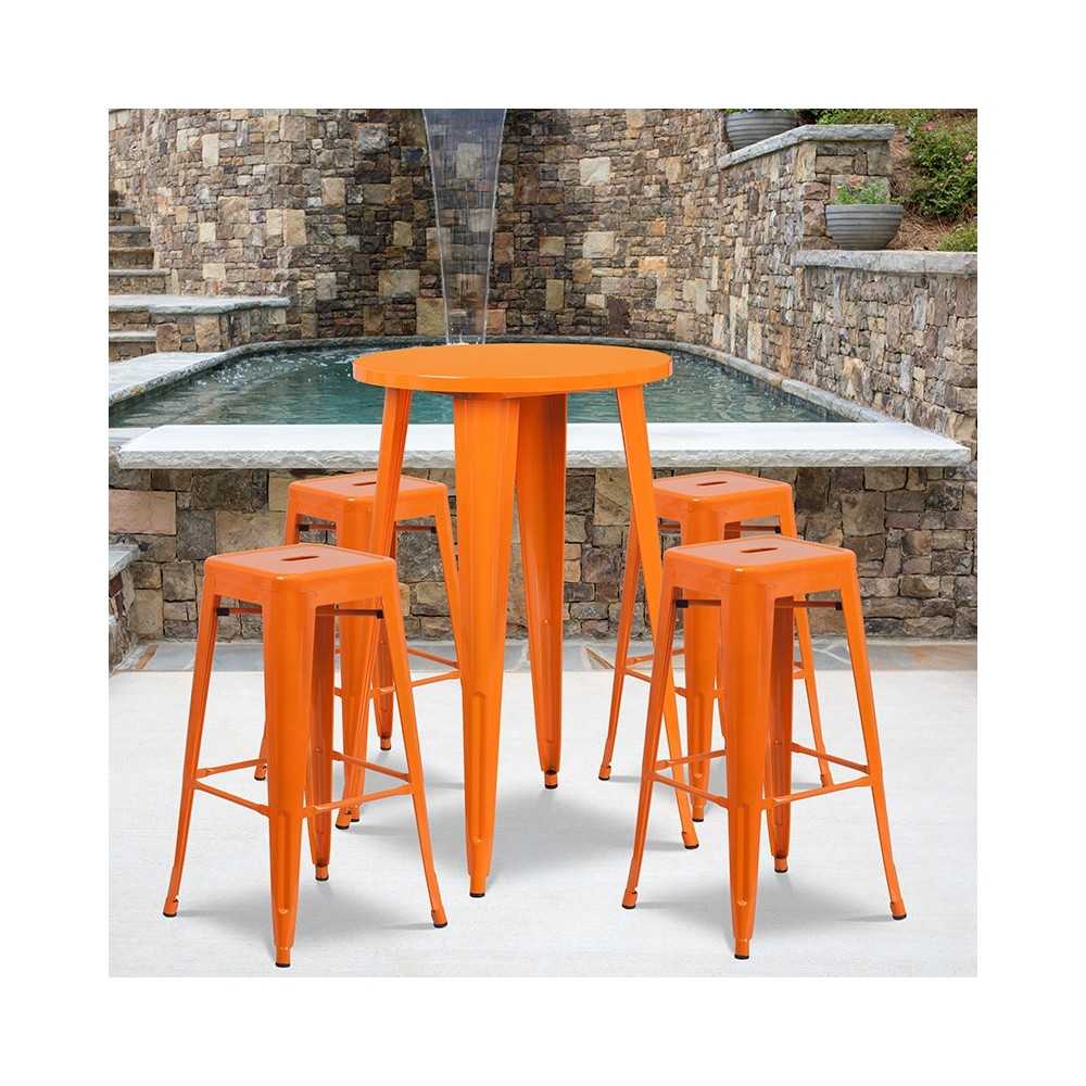 Commercial Grade 24" Round Orange Metal Indoor-Outdoor Bar Table Set with 4 Square Seat Backless Stools
