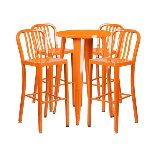 Commercial Grade 24" Round Orange Metal Indoor-Outdoor Bar Table Set with 4 Vertical Slat Back Stools