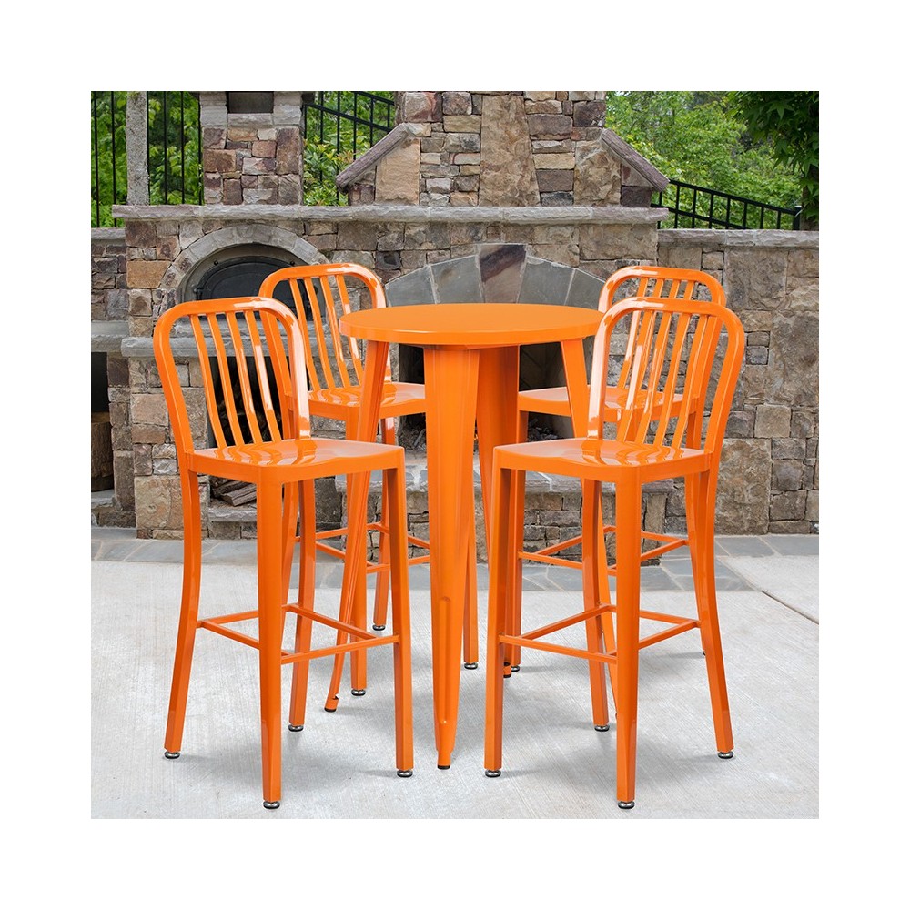 Commercial Grade 24" Round Orange Metal Indoor-Outdoor Bar Table Set with 4 Vertical Slat Back Stools