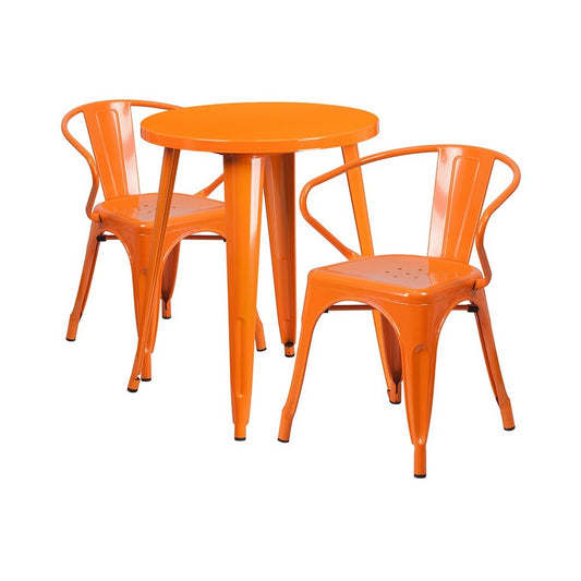 Commercial Grade 24" Round Orange Metal Indoor-Outdoor Table Set with 2 Arm Chairs