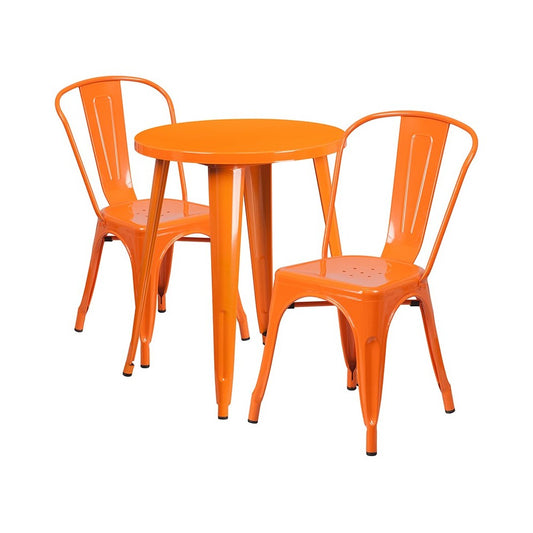 Commercial Grade 24" Round Orange Metal Indoor-Outdoor Table Set with 2 Cafe Chairs