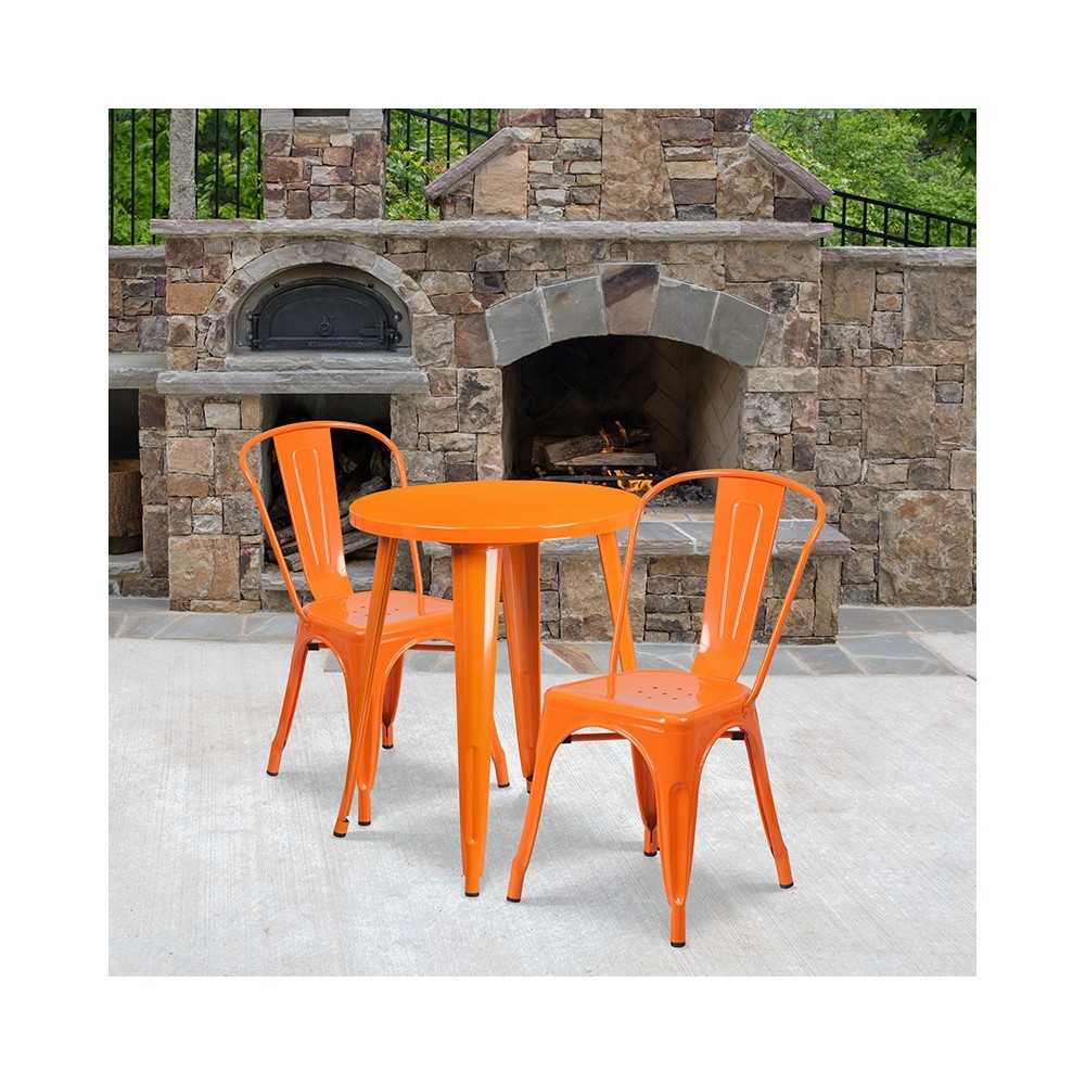 Commercial Grade 24" Round Orange Metal Indoor-Outdoor Table Set with 2 Cafe Chairs