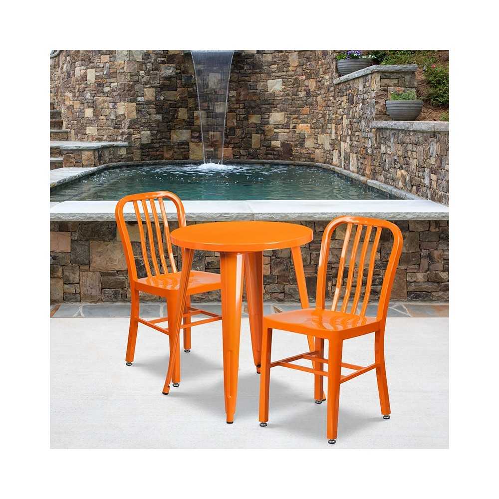 Commercial Grade 24" Round Orange Metal Indoor-Outdoor Table Set with 2 Vertical Slat Back Chairs