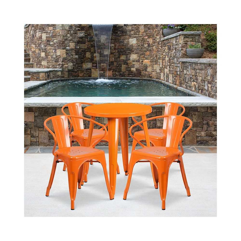 Commercial Grade 24" Round Orange Metal Indoor-Outdoor Table Set with 4 Arm Chairs