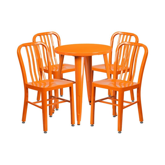 Commercial Grade 24" Round Orange Metal Indoor-Outdoor Table Set with 4 Vertical Slat Back Chairs