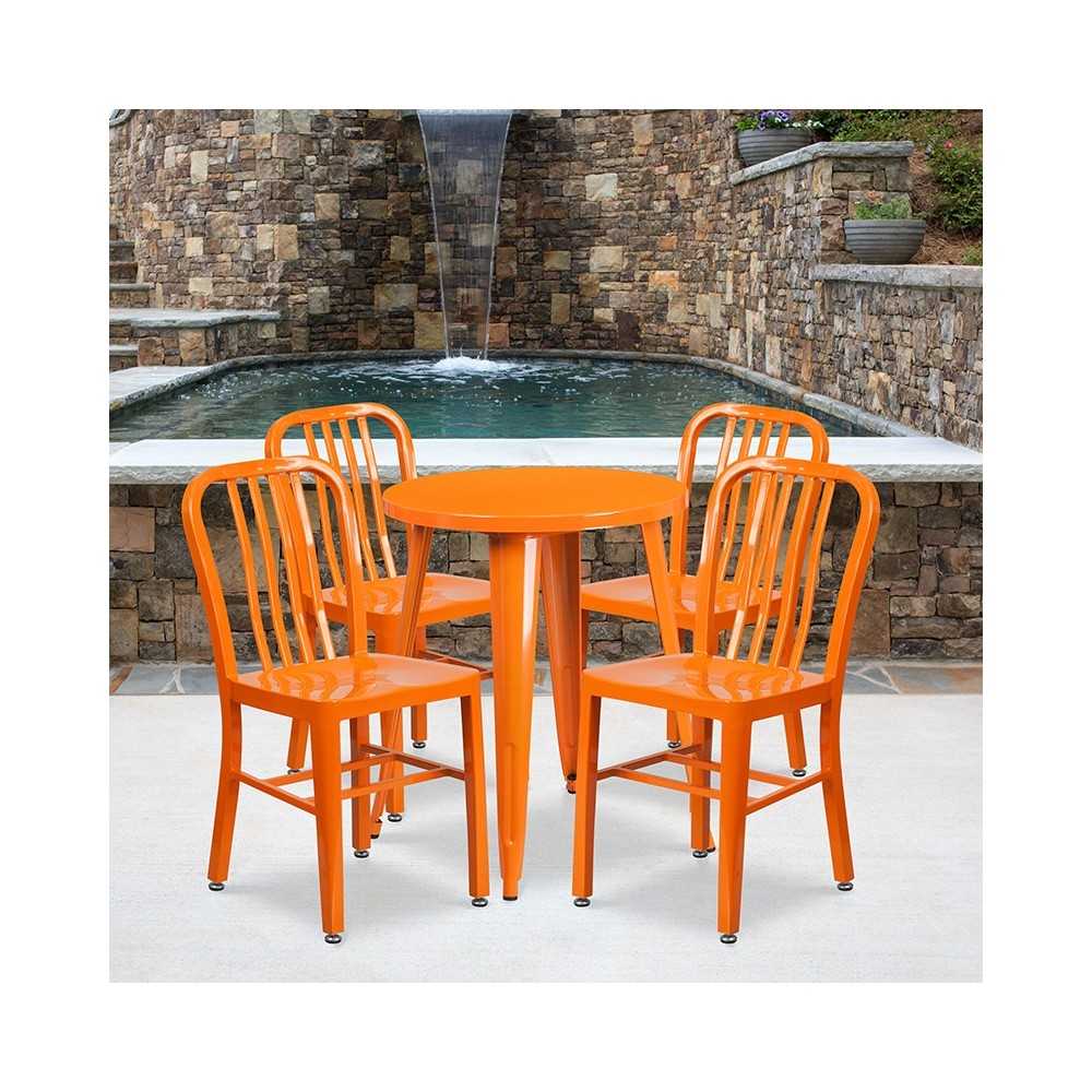 Commercial Grade 24" Round Orange Metal Indoor-Outdoor Table Set with 4 Vertical Slat Back Chairs