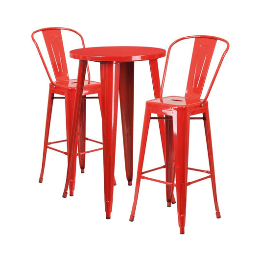 Commercial Grade 24" Round Red Metal Indoor-Outdoor Bar Table Set with 2 Cafe Stools