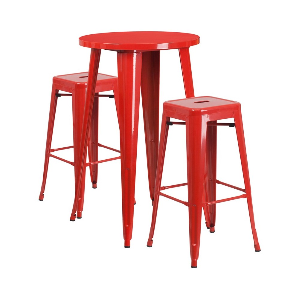 Commercial Grade 24" Round Red Metal Indoor-Outdoor Bar Table Set with 2 Square Seat Backless Stools