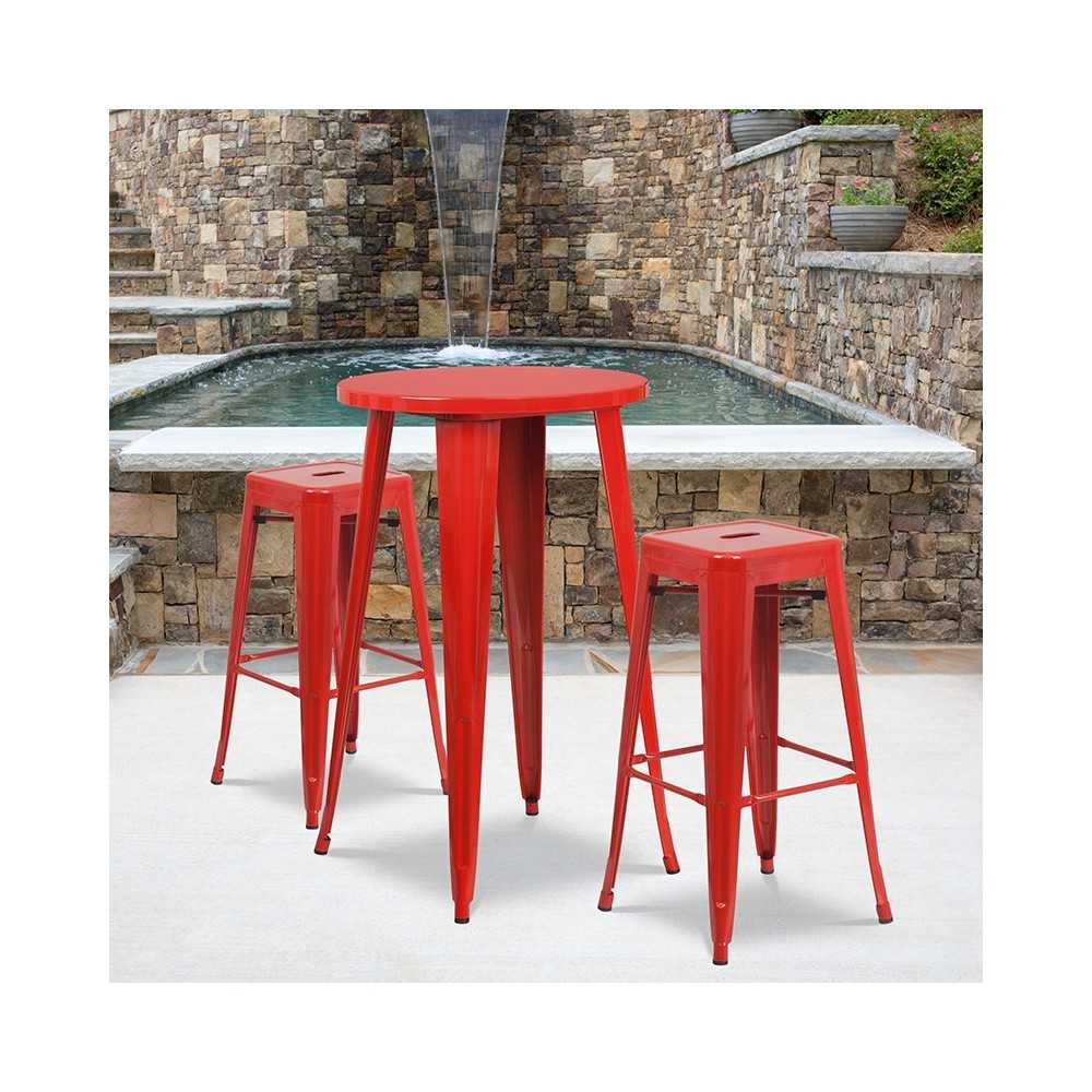 Commercial Grade 24" Round Red Metal Indoor-Outdoor Bar Table Set with 2 Square Seat Backless Stools