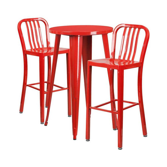 Commercial Grade 24" Round Red Metal Indoor-Outdoor Bar Table Set with 2 Vertical Slat Back Stools