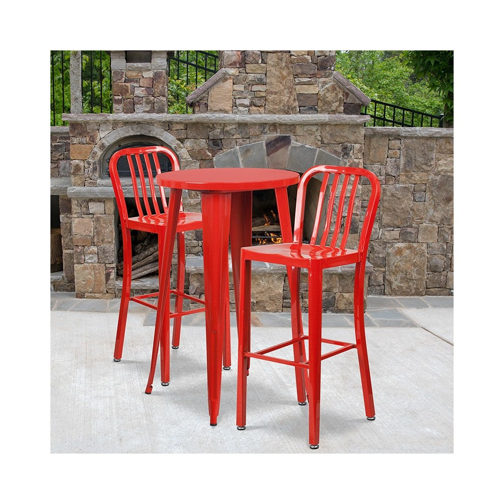Commercial Grade 24" Round Red Metal Indoor-Outdoor Bar Table Set with 2 Vertical Slat Back Stools