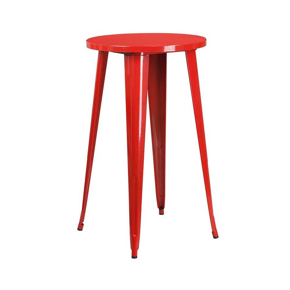 Commercial Grade 24" Round Red Metal Indoor-Outdoor Bar Table Set with 2 Vertical Slat Back Stools