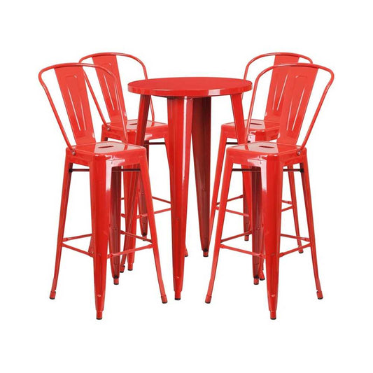 Commercial Grade 24" Round Red Metal Indoor-Outdoor Bar Table Set with 4 Cafe Stools