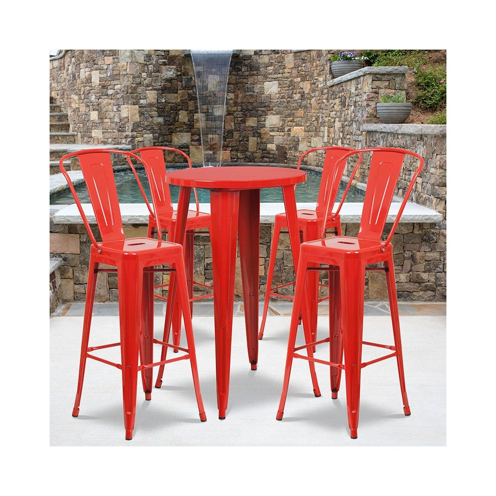 Commercial Grade 24" Round Red Metal Indoor-Outdoor Bar Table Set with 4 Cafe Stools