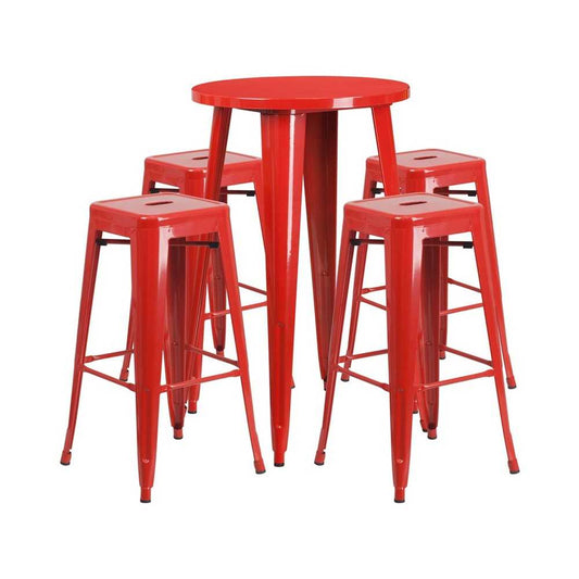 Commercial Grade 24" Round Red Metal Indoor-Outdoor Bar Table Set with 4 Square Seat Backless Stools