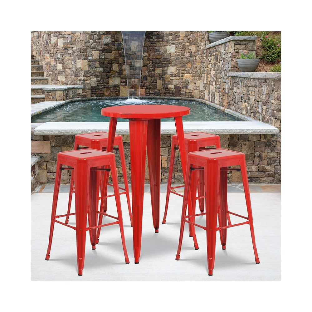 Commercial Grade 24" Round Red Metal Indoor-Outdoor Bar Table Set with 4 Square Seat Backless Stools