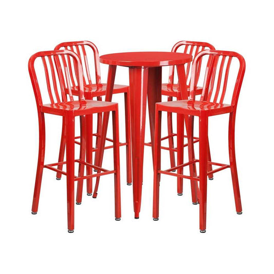 Commercial Grade 24" Round Red Metal Indoor-Outdoor Bar Table Set with 4 Vertical Slat Back Stools