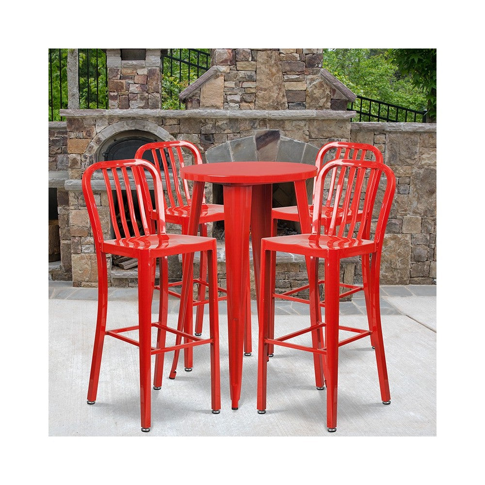 Commercial Grade 24" Round Red Metal Indoor-Outdoor Bar Table Set with 4 Vertical Slat Back Stools