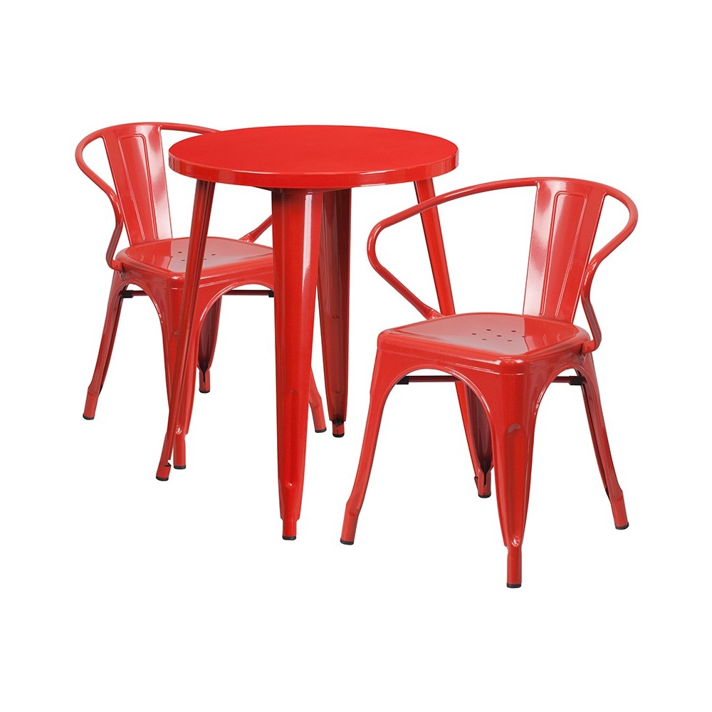 Commercial Grade 24" Round Red Metal Indoor-Outdoor Table Set with 2 Arm Chairs