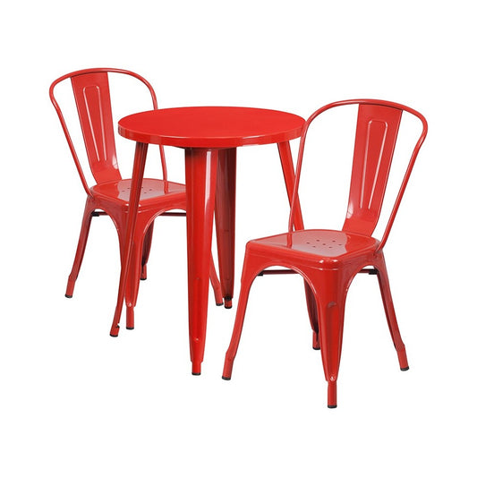 Commercial Grade 24" Round Red Metal Indoor-Outdoor Table Set with 2 Cafe Chairs