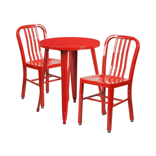 Commercial Grade 24" Round Red Metal Indoor-Outdoor Table Set with 2 Vertical Slat Back Chairs