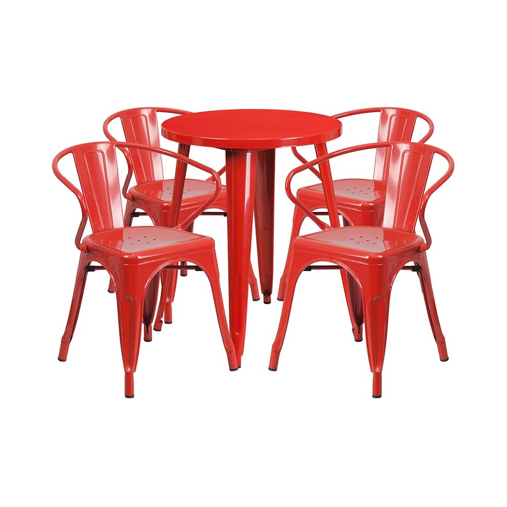 Commercial Grade 24" Round Red Metal Indoor-Outdoor Table Set with 4 Arm Chairs